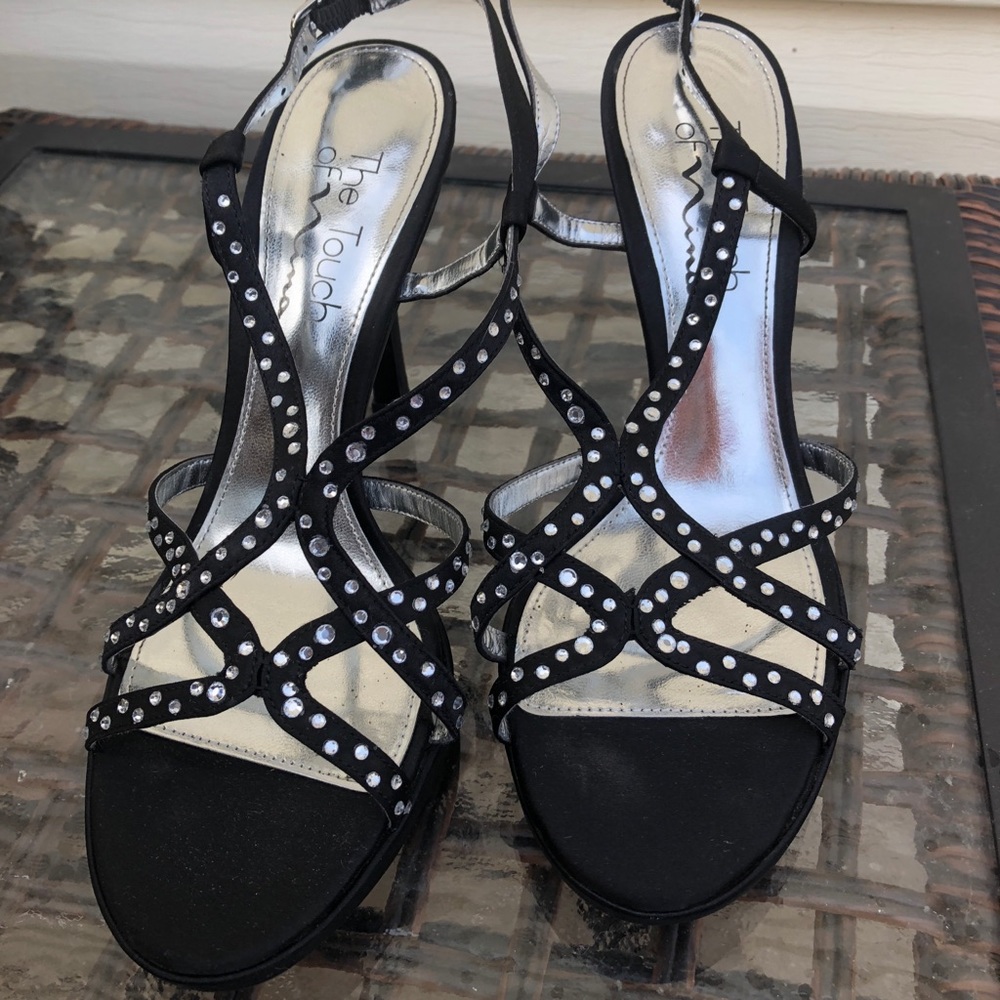Formal crystal embellished black satin shoes.